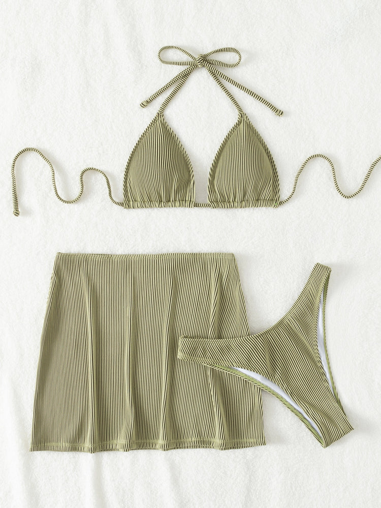 Three-Piece Pinstripe Bikini Set