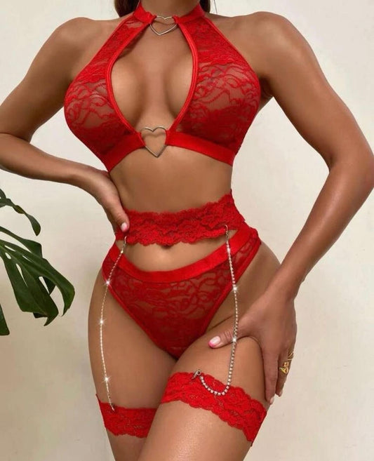 Three-Piece Chained Lace Lingerie Set